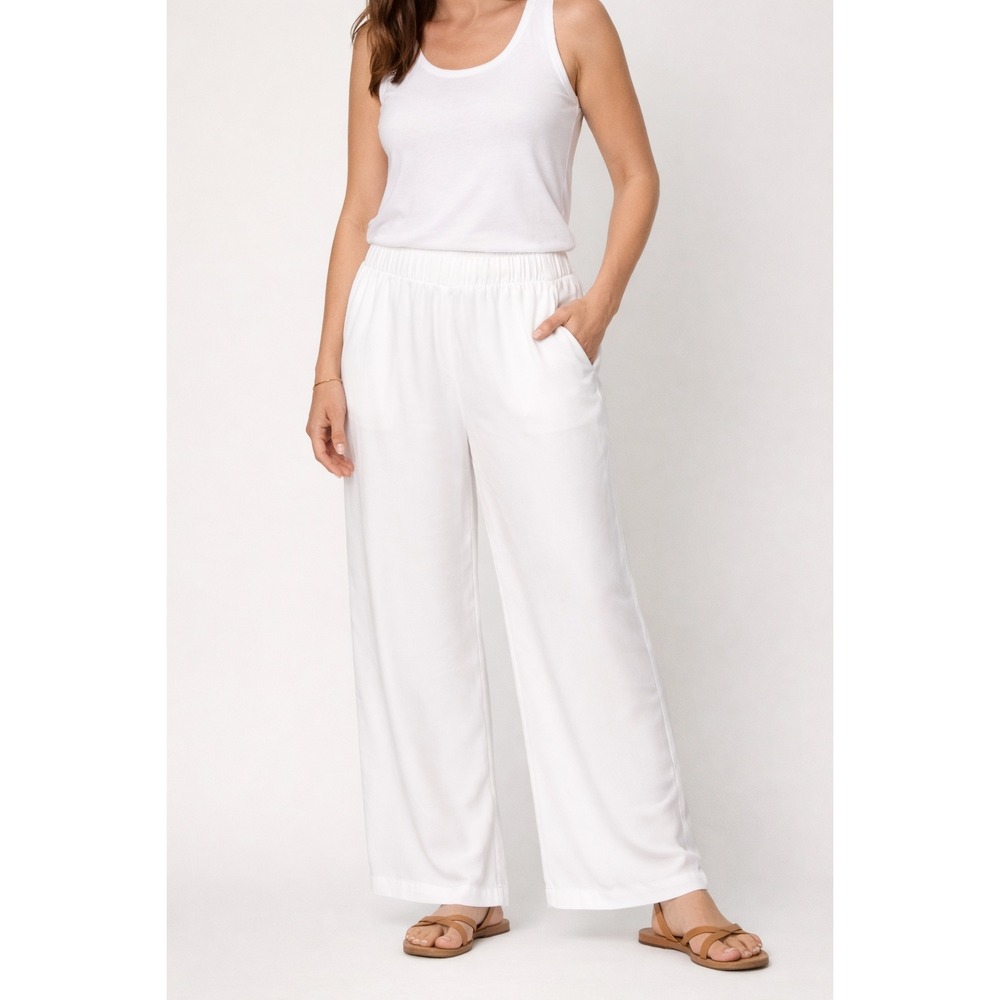 Lands End 1X White Wide Leg Pants Modal Pull‎ On Resort Beach